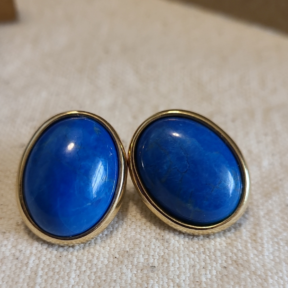 Unbranded Enamel Blue and Gold Oval Stud Earrings Ladies Vintage Fashion Costume